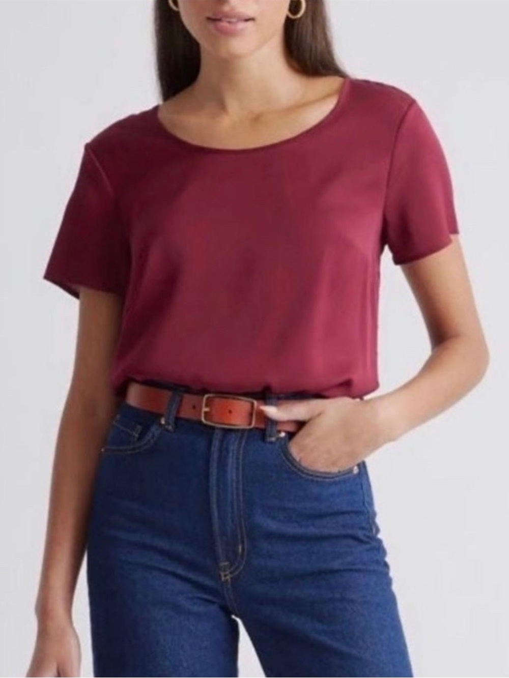 NWT Quince Washable Stretch Silk Tee in Burgundy size L discontinued